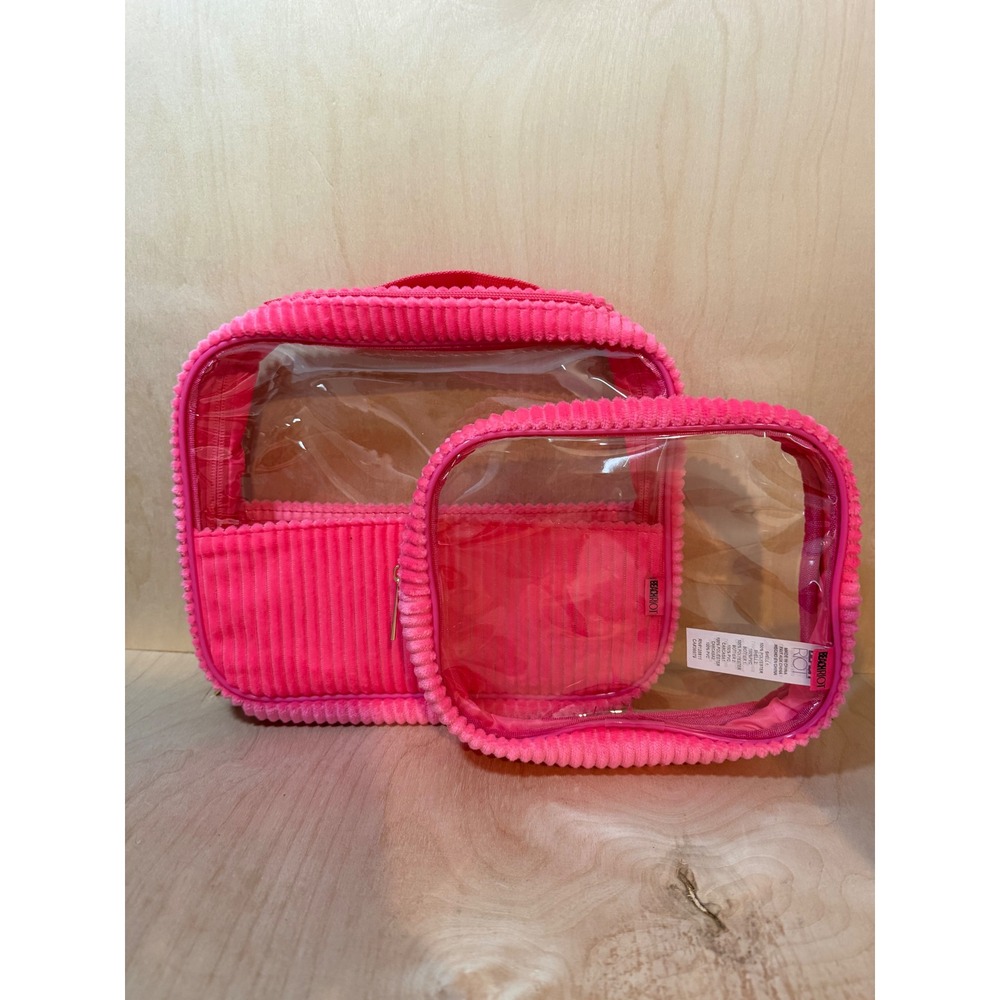 Beach Riot Hot Pink Corduroy Clear Travel Cosmetic Bag Set 2 Piece Pouch
